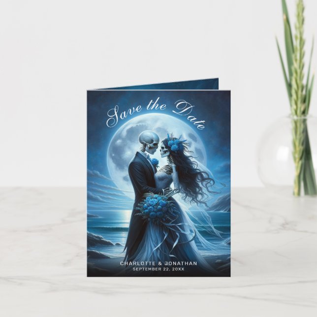 Anúncio Gothic Blue Skeleton Couple Wedding Save the Date (Frente)