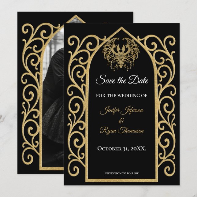 Anúncio Gothic border black and gold wedding save the date (Frente/Verso)