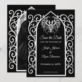 Anúncio Gothic border black and white wedding save the dat
