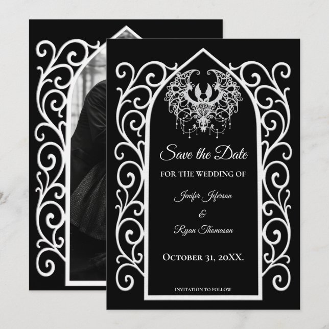 Anúncio Gothic border black and white wedding save the dat (Frente/Verso)