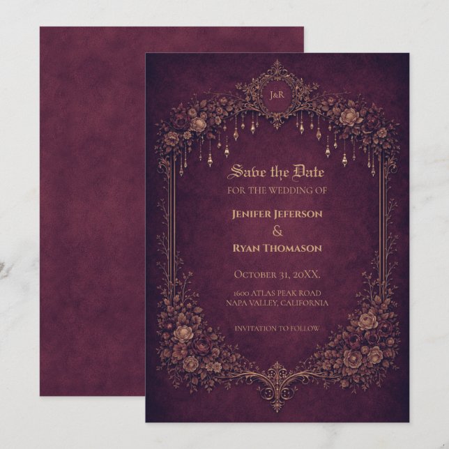 Anúncio Gothic halloween wedding save the date invitation (Frente/Verso)