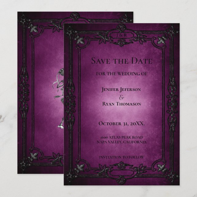 Anúncio Gothic halloween wedding save the date invitation (Frente/Verso)
