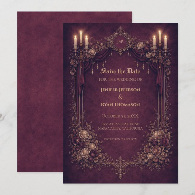 Anúncio Gothic halloween wedding save the date invitation (Frente/Verso)