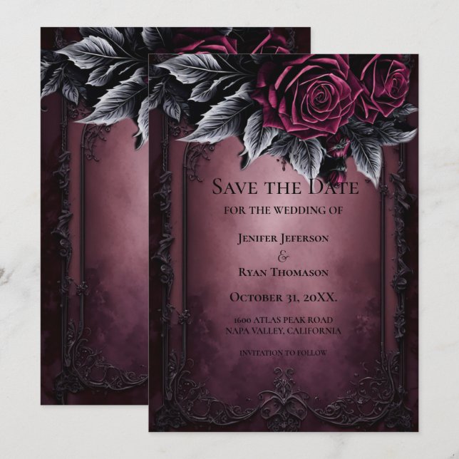 Anúncio Gothic halloween wedding save the date invitation (Frente/Verso)