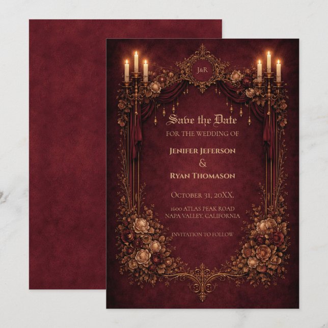 Anúncio Gothic halloween wedding save the date invitation (Frente/Verso)