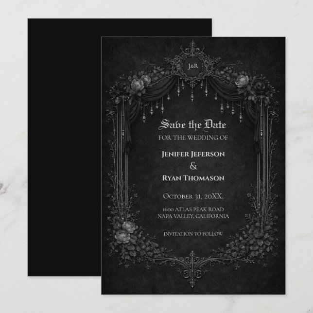 Anúncio Gothic halloween wedding save the date invitation (Frente/Verso)