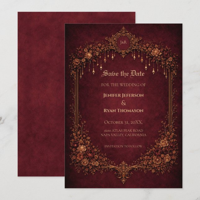 Anúncio Gothic halloween wedding save the date invitation (Frente/Verso)