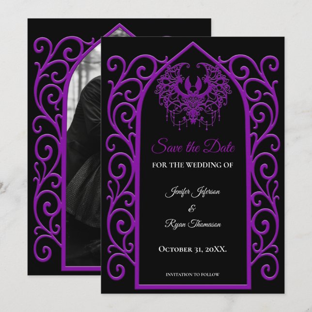 Anúncio Gothic purple border wedding save the dat (Frente/Verso)
