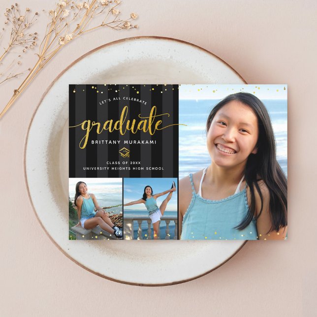 Anúncio Graduação 3 foto colagem em dourado preto chic (Criador carregado)