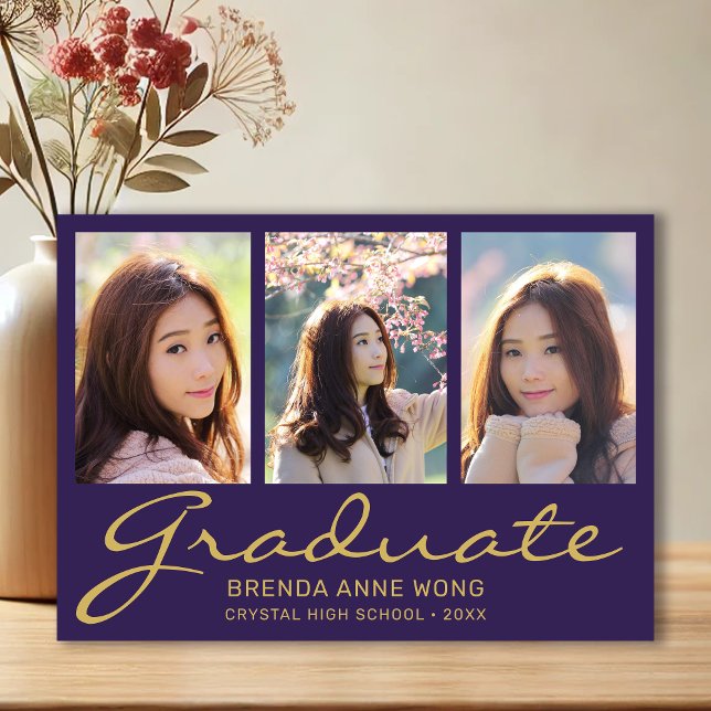 Anúncio Graduação 3 Foto Moderna Dourada Tipografia Script (Modern 3 Photo Purple with Gold Script Graduation Announcement)