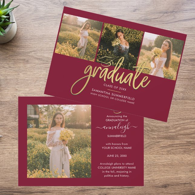 Anúncio Graduação 4 Classe de Colagem de Fotos de 2025 (Graduation 2025 Burgundy Photo Collage Modern Announcement)