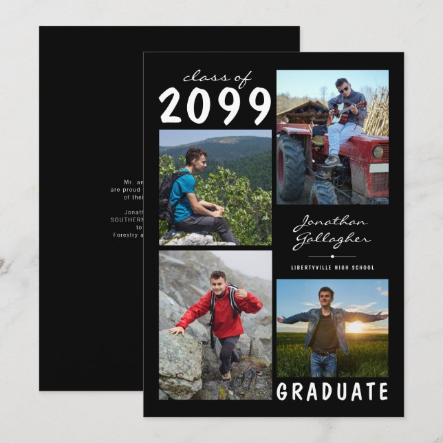 Anúncio Graduação 4 Foto Nome manuscrito | Preto branco (Frente/Verso)