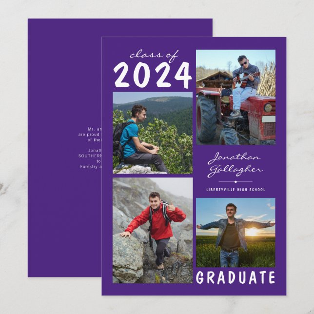 Anúncio Graduação 4 Foto Nome Manuscrito | Roxo Branco (Frente/Verso)