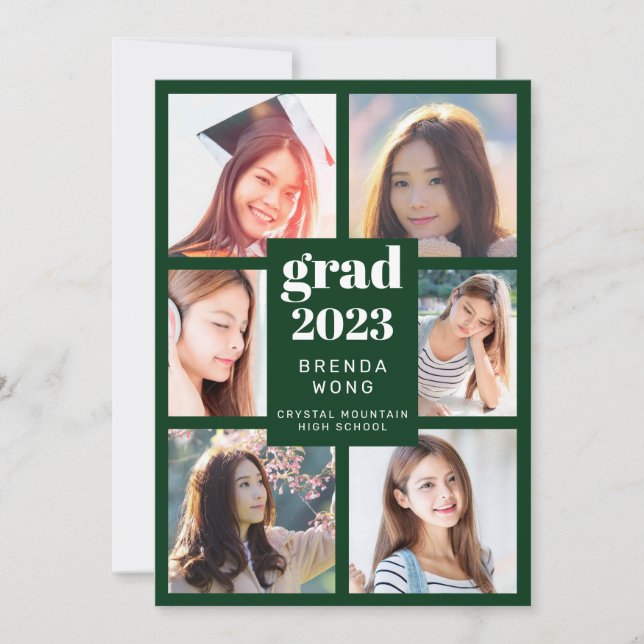 Anúncio Graduação 6 Colagem de Fotos White Script Verde (Frente)