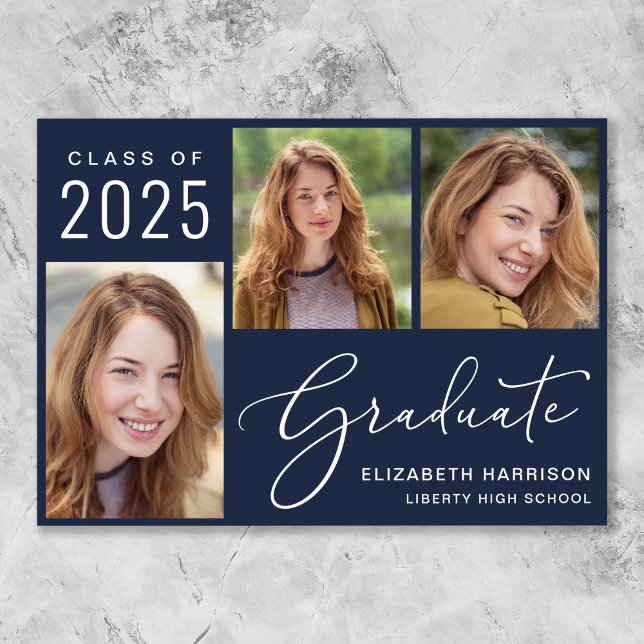 Anúncio Graduação Azul de Script de Foto Moderna (Cherish the milestone: share your graduate's achievement with a custom photo graduation announcement)