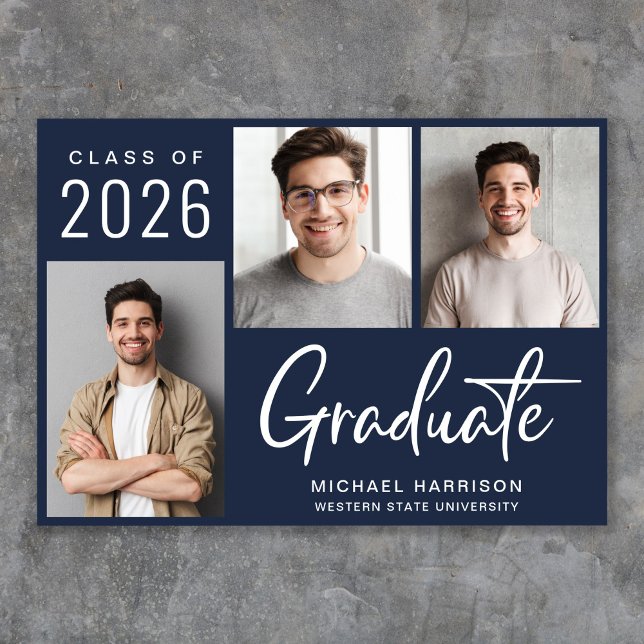 Anúncio Graduação Azul de Script de Foto Moderno 3 (Cherish the milestone: share your graduate's achievement with a custom photo graduation announcement)