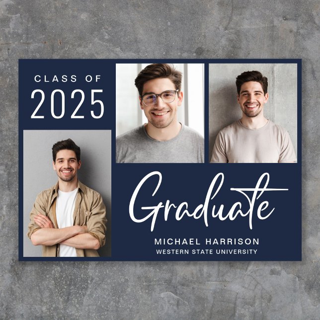 Anúncio Graduação Azul de Script de Foto Moderno 3 (Cherish the milestone: share your graduate's achievement with a custom photo graduation announcement)