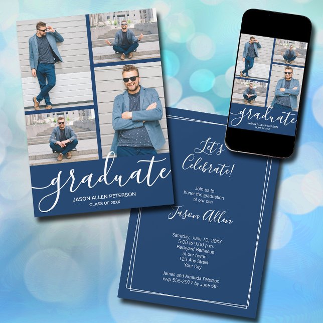 Anúncio Graduação Azul do Marinho de Foto do Script Modern (Modern script 4 photo navy blue graduation announcements - PRINTED and/or INSTANT DOWNLOAD)