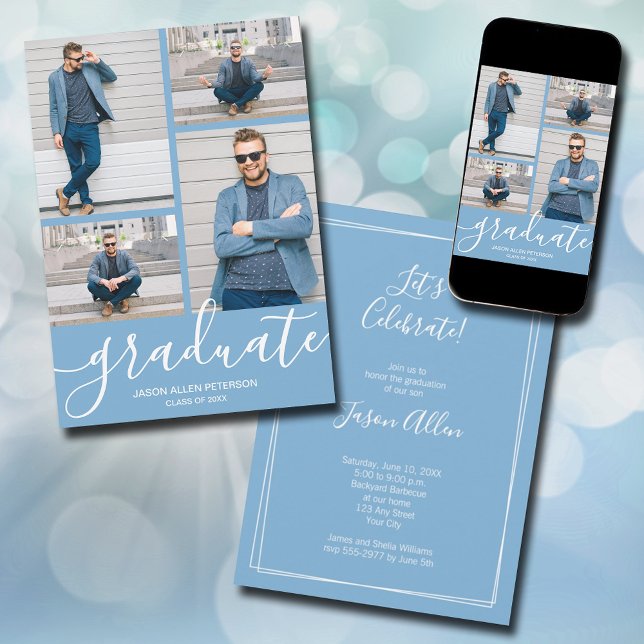 Anúncio Graduação Azul em Pó de Foto do Script Moderno 4 (Modern script 4 photo powder blue graduation announcements - PRINTED and/or INSTANT DOWNLOAD)