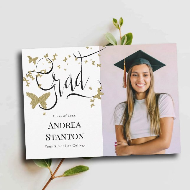 Anúncio Graduação Borboletas Douradas Formando Caligrafia (graduation announcement grad handwritten calligraphy gold butterflies photo high school college)