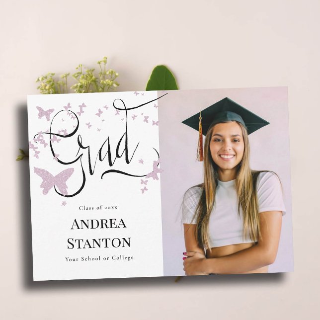 Anúncio Graduação Borboletas Rosa Formando Caligrafia (graduation announcement grad handwritten calligraphy pink butterflies photo high school college)