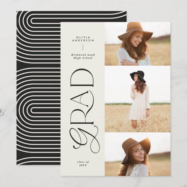 Anúncio Graduação de 3 fotos em branco preto moderno e geo (Frente/Verso)