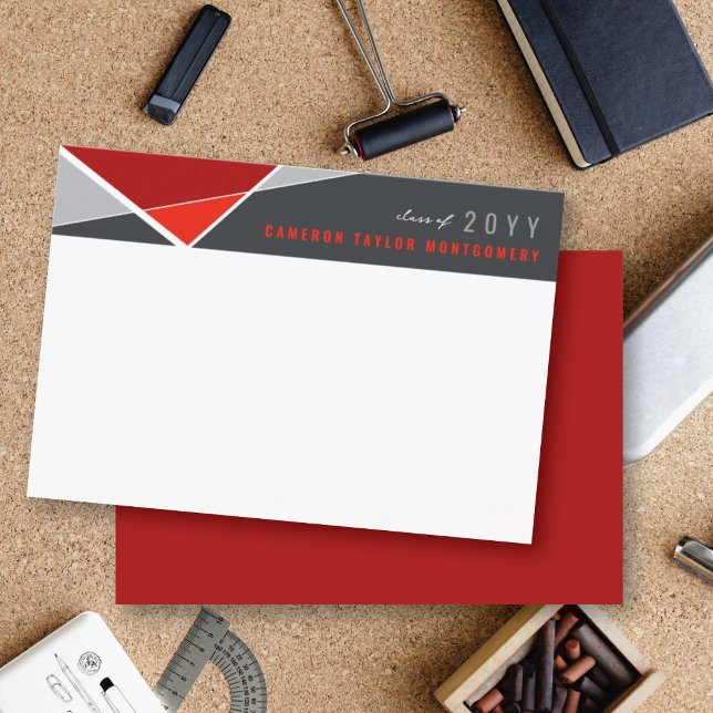 Anúncio Graduação de Blocos Geométricos Vermelhos Modernos (Modern Red Geometric Color Blocks Criss Cross Graduation Thank You Card @ zazzle.com/color_therapy)