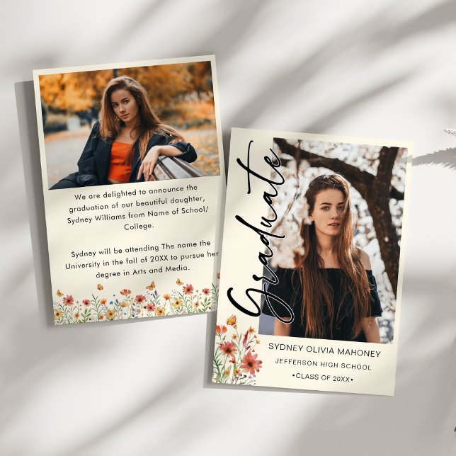 Anúncio Graduação de Boho Wildflower 2 Fotos (Boho Watercolor Graduation Announcement – 2 Photo Collage, Wildflowers & Butterflies – Whimsical)