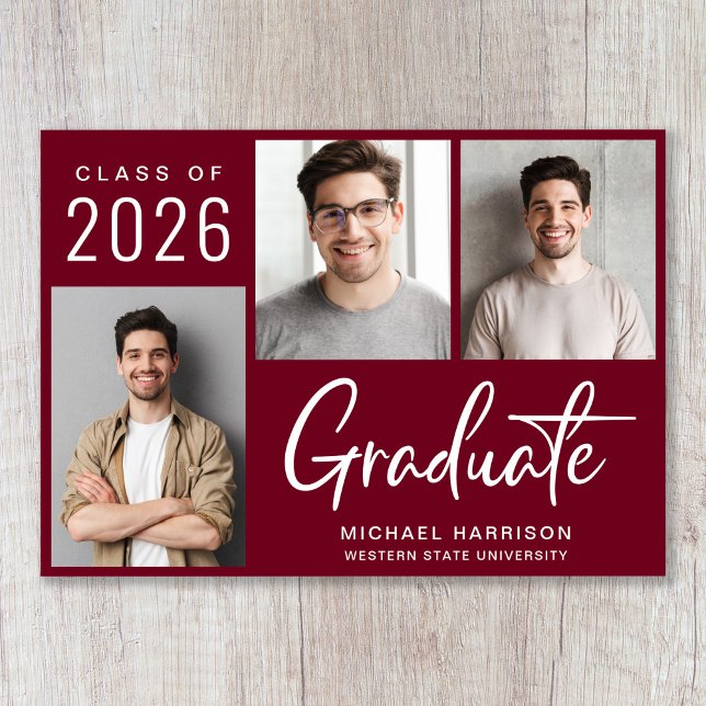 Anúncio Graduação de Borgonha com Script de Foto Moderno 3 (Cherish the milestone: share your graduate's achievement with a custom photo graduation announcement)