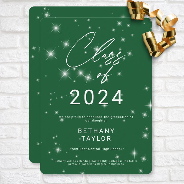 Anúncio Graduação de brilho verde e branco moderno (Modern Green & White Sparkle Graduation Announcement)