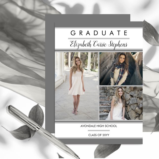 Anúncio Graduação de Cinza de Foto Clássica Três Simples (Simple Classy Three Photo Collage Gray and White Graduation Announcement - Print | Download)