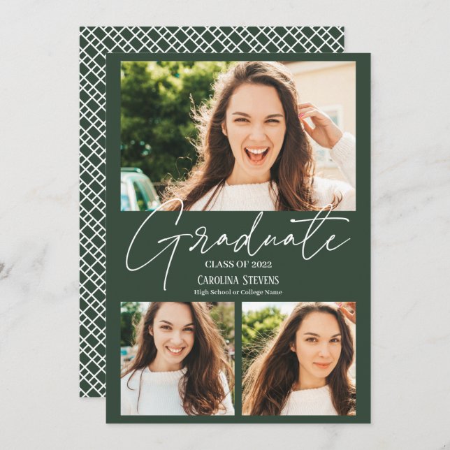 Anúncio Graduação de colagem de 3 fotos verde-escuro moder (Frente/Verso)
