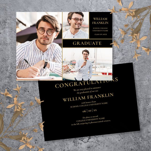 Anúncio Graduação De Colagem De Fotografias A Preto E Dour (Graduate Black And Gold 3 Photo Collage Graduation Announcement)