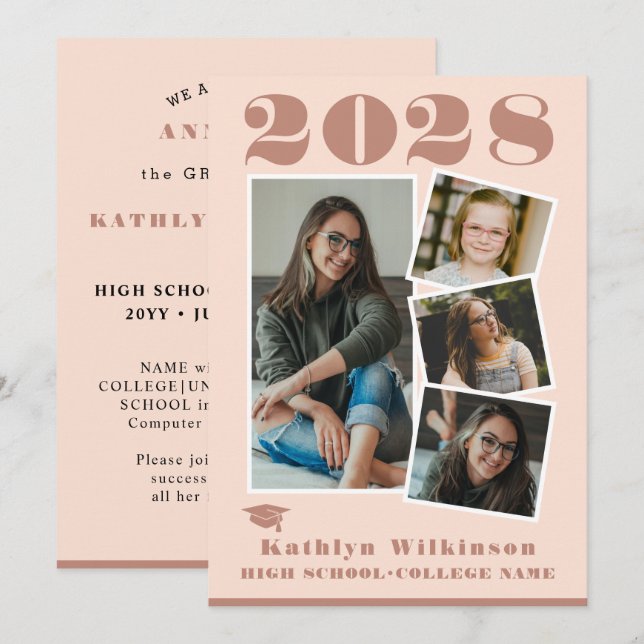 Anúncio Graduação de Colagem de Fotos com Script Rosa-Rosa (Frente/Verso)