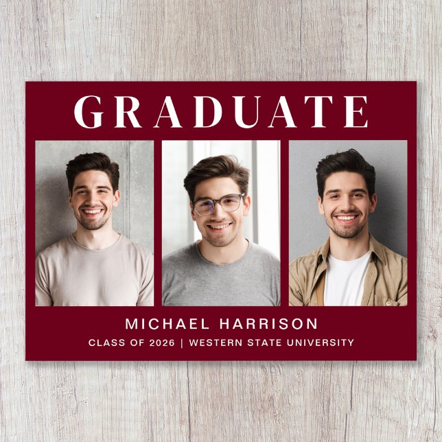 Anúncio Graduação de Foto Burgundy Moderna 3 (Modern 3 Photo Burgundy Graduation Announcement)