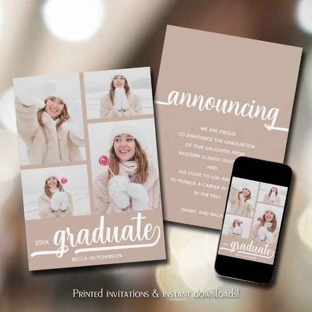 Anúncio Graduação de Foto Chic 4 (Chic 4 photo taupe-beige graduation announcements)