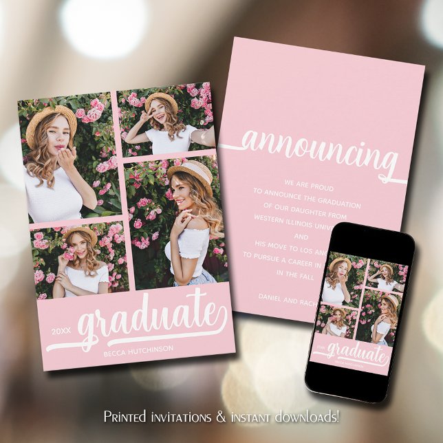 Anúncio Graduação de Foto Chic 4 (Chic 4 photo collage pink graduation announcements)
