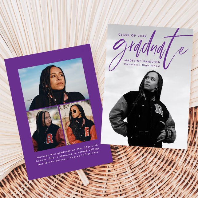 Anúncio Graduação de Foto com Script de Pincel Roxo com Ma (Criador carregado)