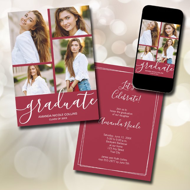 Anúncio Graduação de Foto Crimson Moderno 4 (Modern script 4 photo crimson red graduation announcements - PRINTED and/or INSTANT DOWNLOAD)