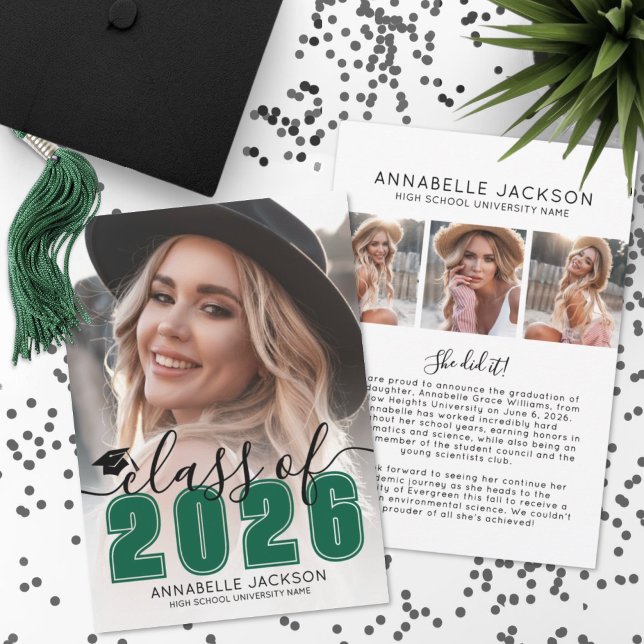 Anúncio Graduação de Foto de Graduado Verde (Green Graduate Photo Graduation Announcement )