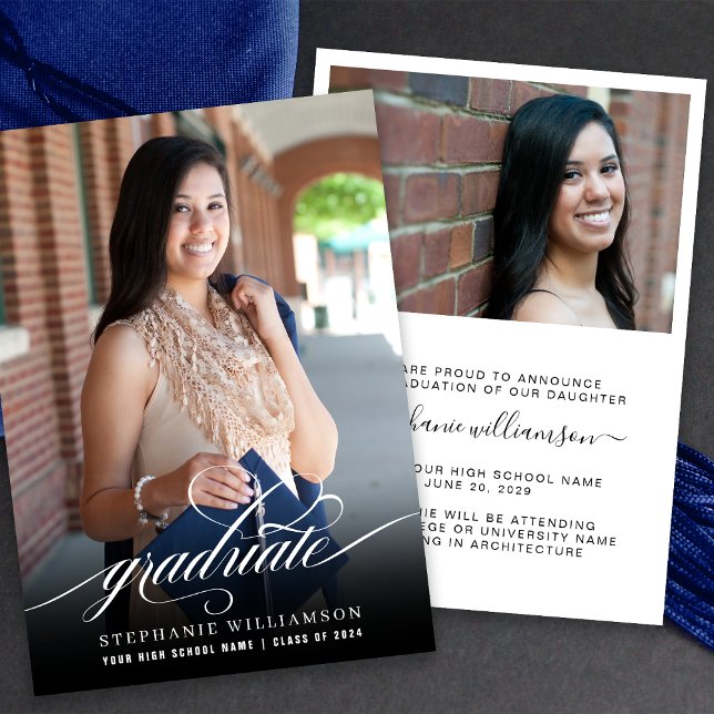 Anúncio Graduação de Foto de Sobreposição de Script Elegan (Simple Elegant Script Photo Graduation Announcement)