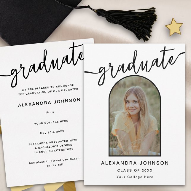 Anúncio Graduação de Foto do Arch Moderno (Modern elegant arch photo graduation announcement card stylish chic black script)