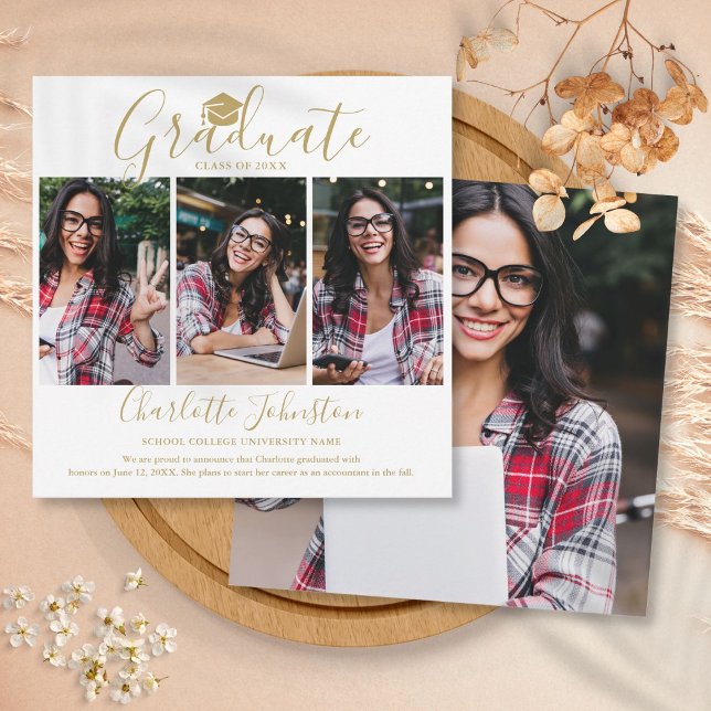 Anúncio Graduação de Foto do Elegant Dourado Script Forman (Elegant Gold Script Graduate 4 Photo Graduation Announcement)