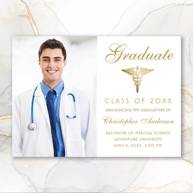 Anúncio Graduação de Foto Dourada Caduceus Branca Médica (Medical White Gold Script Photo College Graduation Announcement)