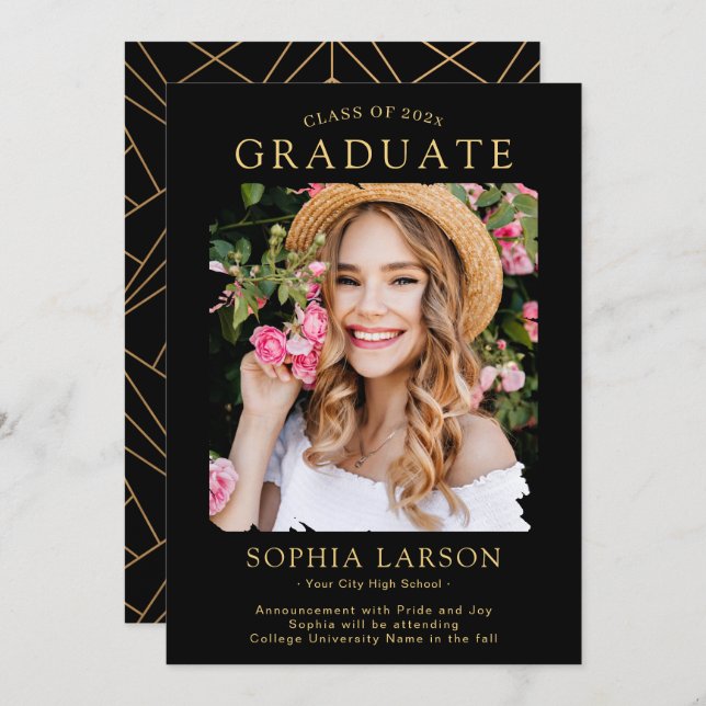 Anúncio Graduação de Foto Dourada Simples com Traço de Pin (Frente/Verso)