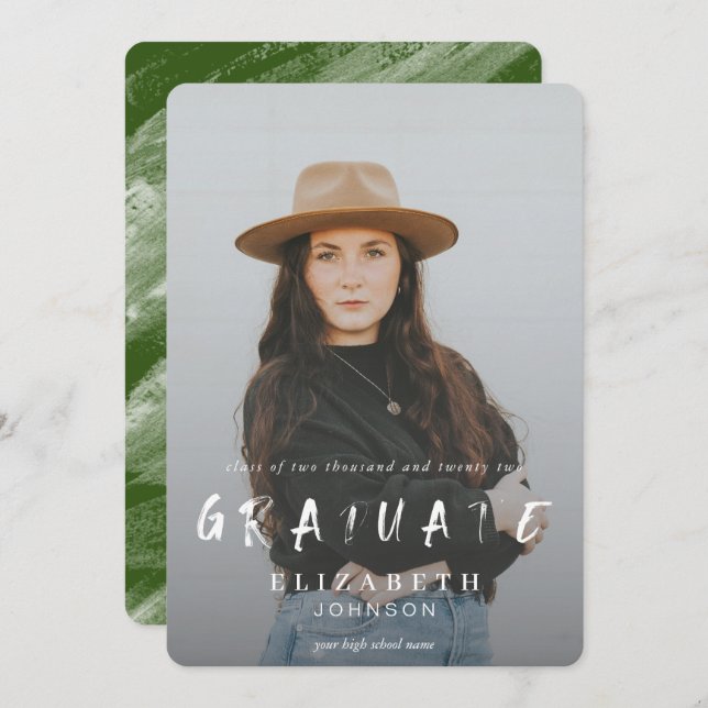 Anúncio Graduação de Foto em Brushstrokes Abstrato Verde (Frente/Verso)