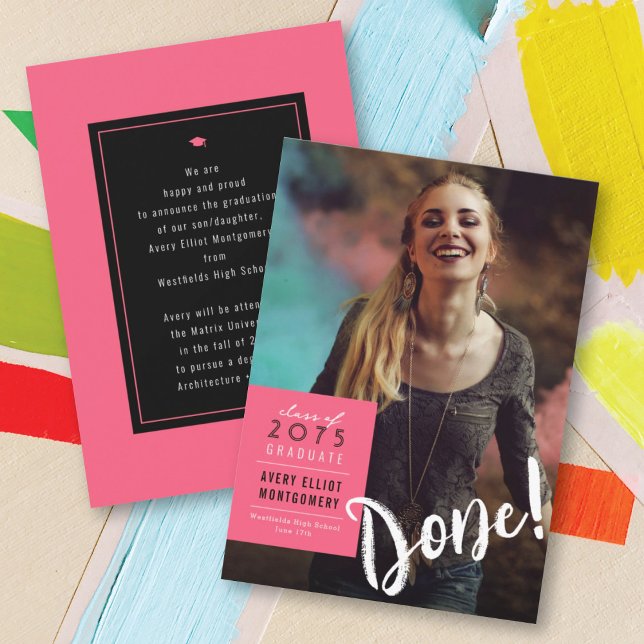 Anúncio Graduação de Foto Minimalista Simples em Qualquer  (Simple Pink Box Done! Modern Minimalist Photo Graduation Announcement @ zazzle.com/color_therapy)