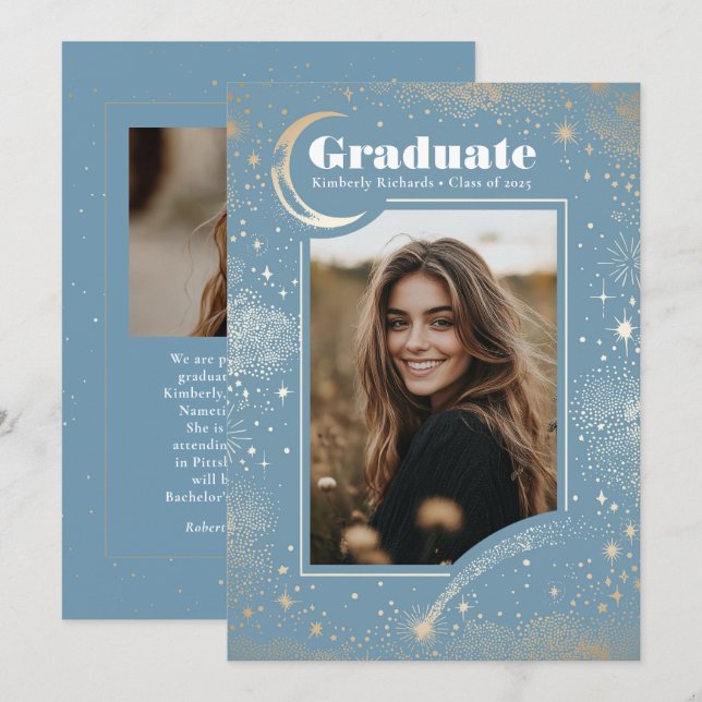 Anúncio Graduação de Foto por Formando Moderno Celestial (Frente/Verso)