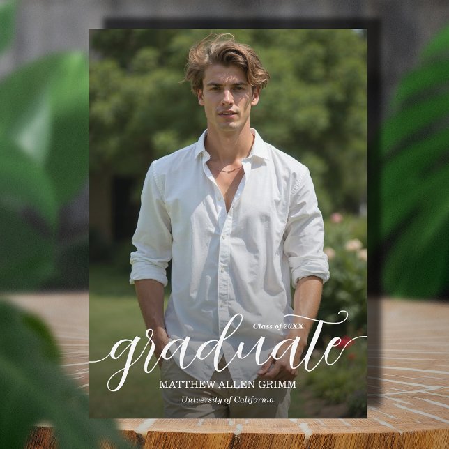 Anúncio Graduação de Foto por Sobreposição de Script Moder (Elegant white script photo graduation announcements,  PRINTED and/or INSTANT DOWNLOAD)