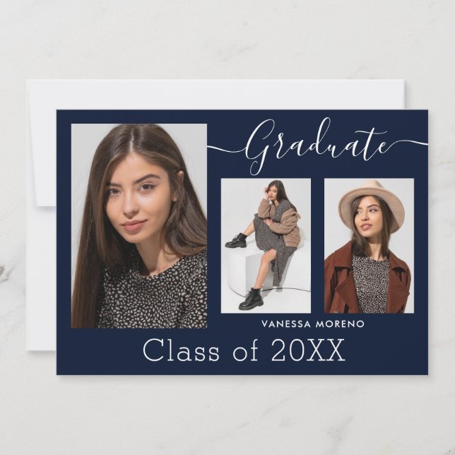 Anúncio Graduação de Fotos Azul 3 de Script de Caligrafia  (Frente)